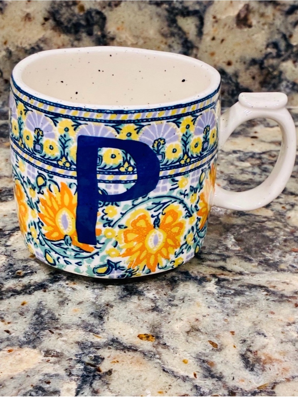 Anthropologie Blockprinted Monogram P Mug in Blue & Yellow